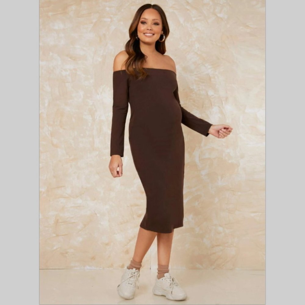 NWT Maternity dress outfit brown bodycon off shoulder long sleeve knee length - Picture 4 of 6